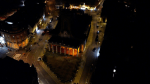 A picture of All Saints church from above at night