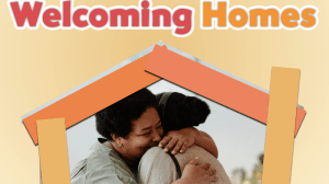 Two people hugging in a house shape outline