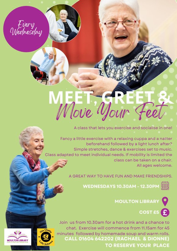 poster advertising the meet, greet and move your feet event